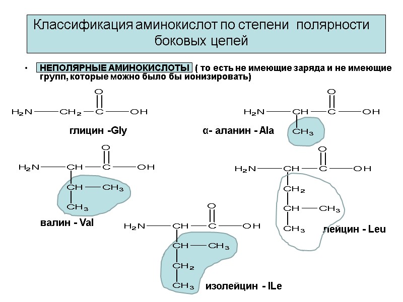 Классификация аминокислот по степени  полярности боковых цепей НЕПОЛЯРНЫЕ АМИНОКИСЛОТЫ   ( то